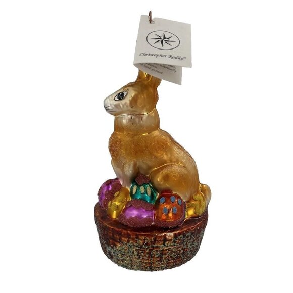 Christopher Radko EASTER Rabbit Bunny Glitter Ornament Egg Basket Tag 6.5 Inches - Picture 3 of 9